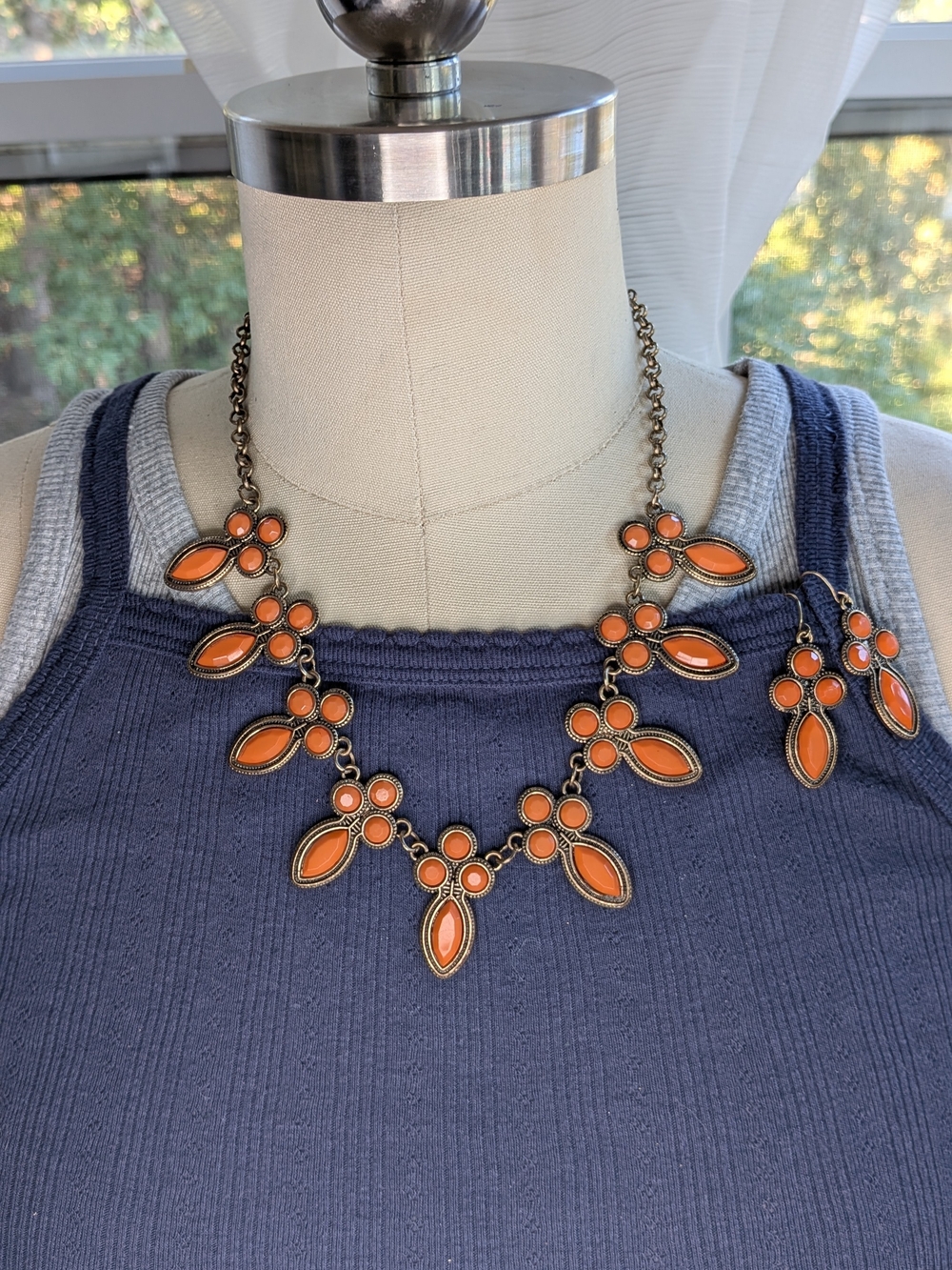 Vintage 70s Style Burnt Orange Cabochon Statement Necklace & Dangle Earrings Set